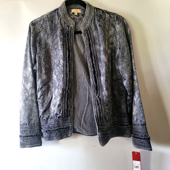 Choices Blue Embroidered Open Front Jacket - Womens Size S - Cotton Blend - Eleg - Picture 2 of 13